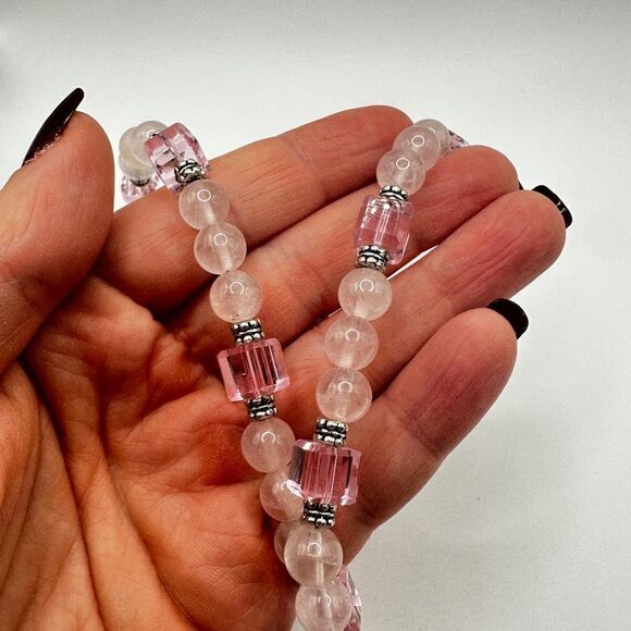 18” of rose quartz, silver and crystal beaded necklace! - Picture 6 of 11